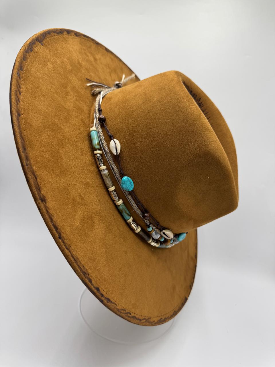 Wide brim suede fedora with carvings and turquoise details