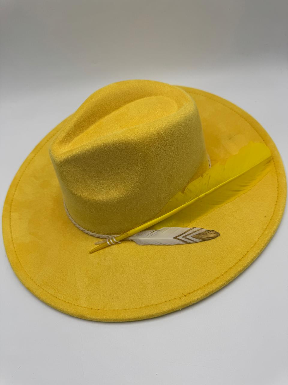 Yellow wide brim with feathers