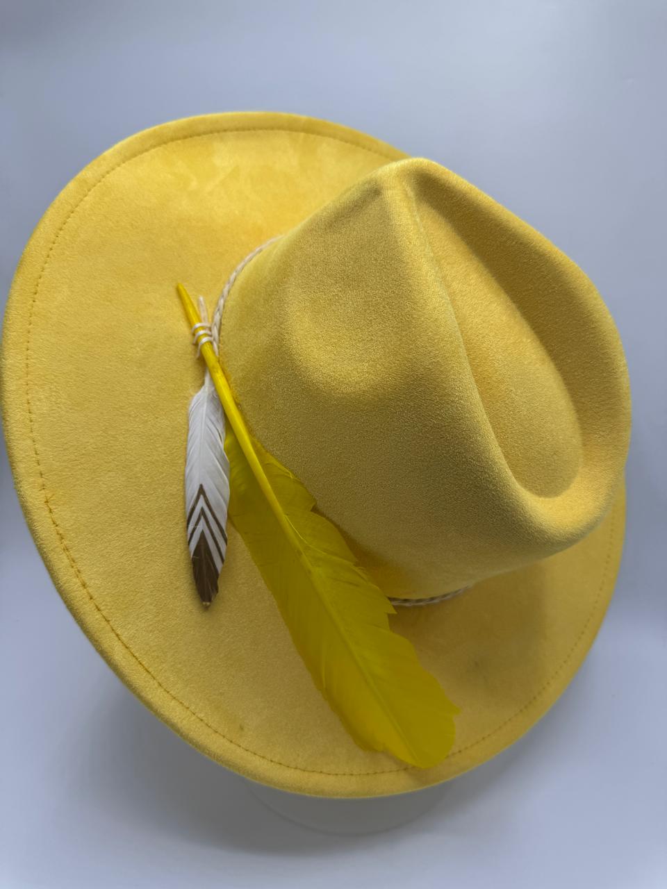 Yellow wide brim with feathers