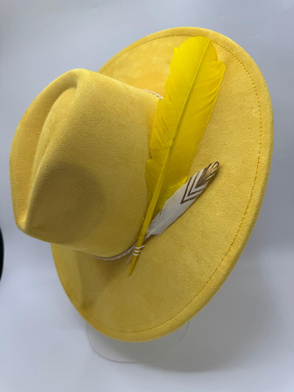 Yellow wide brim with feathers