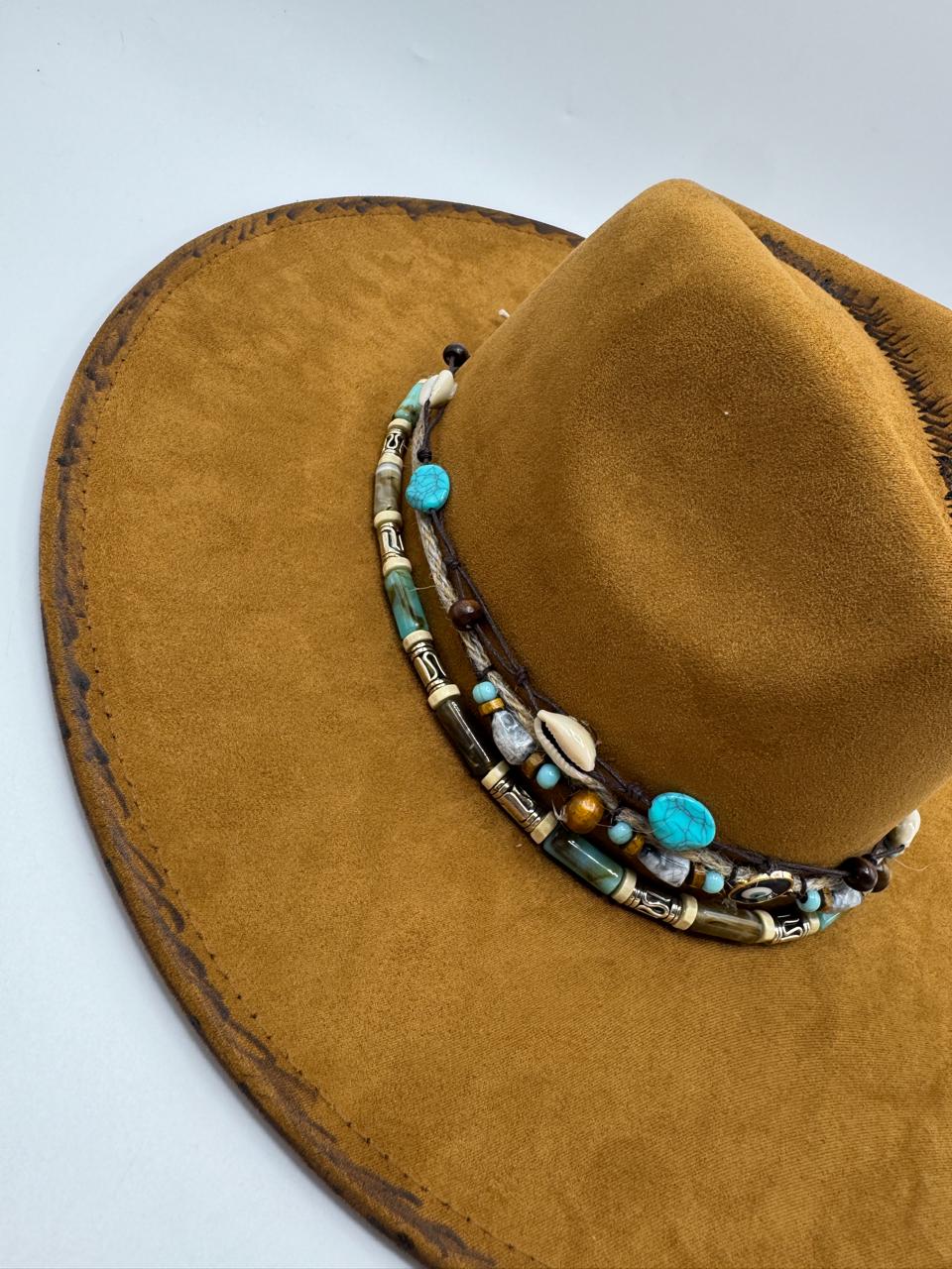 Wide brim suede fedora with carvings and turquoise details