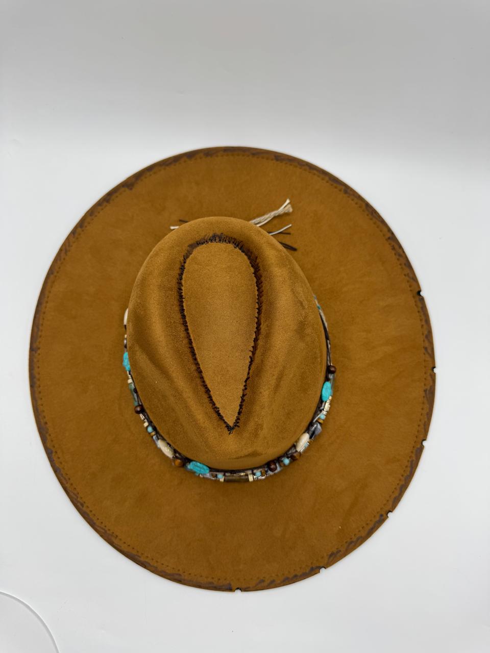 Wide brim suede fedora with carvings and turquoise details