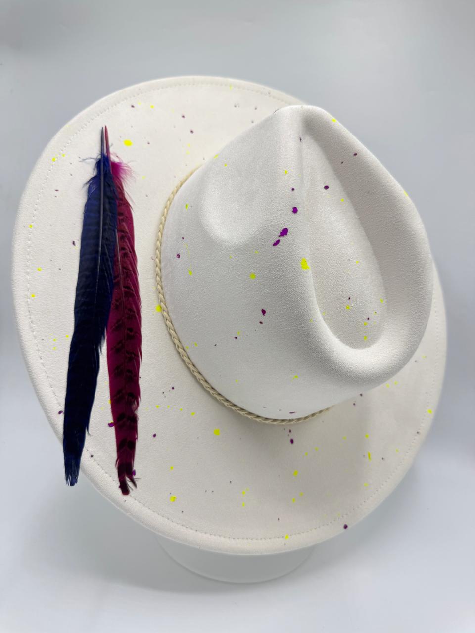 Offwhite wide brim fedora with splashes and feathers