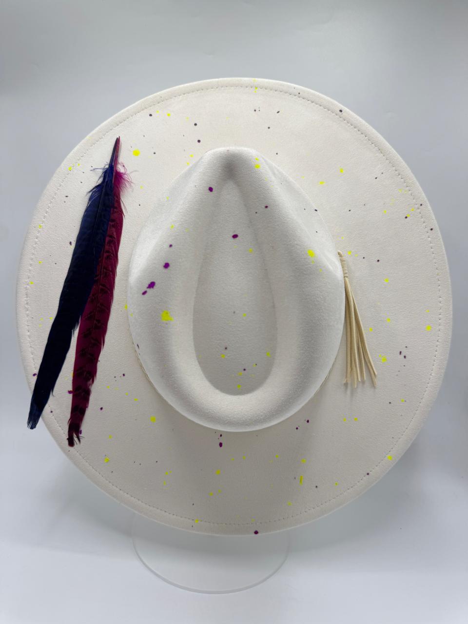 Offwhite wide brim fedora with splashes and feathers