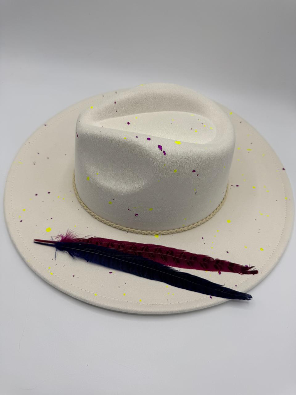 Offwhite wide brim fedora with splashes and feathers