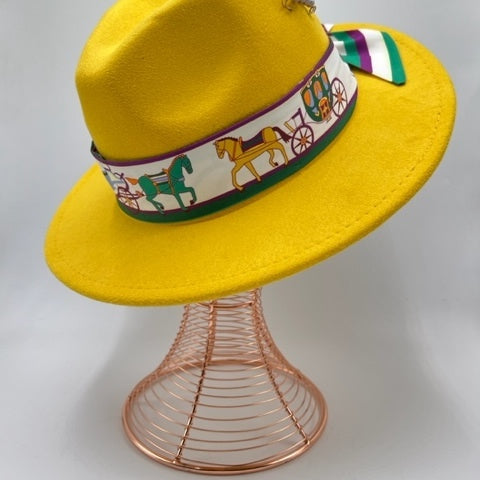 Yellow fedora with purple touches