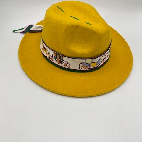Yellow fedora with purple touches
