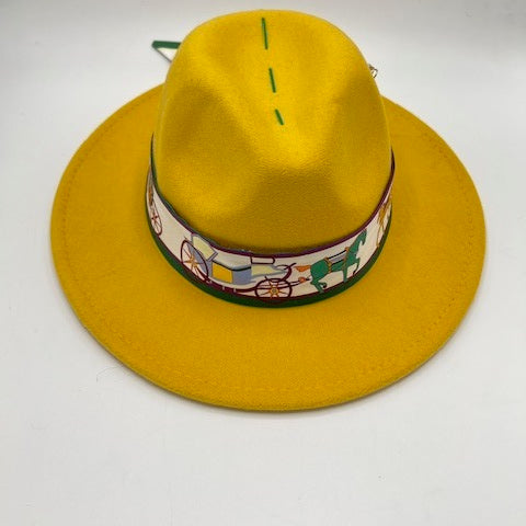 Yellow fedora with purple touches