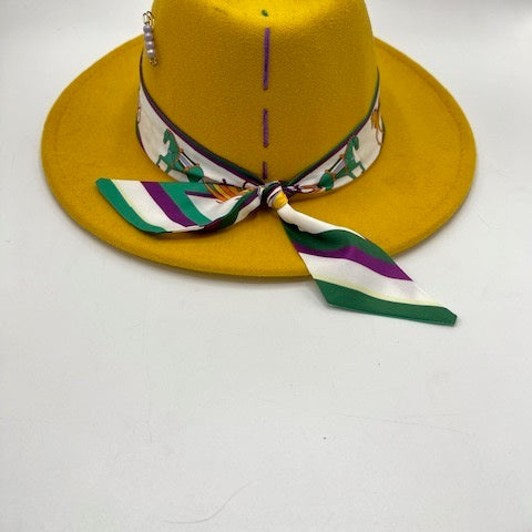 Yellow fedora with purple touches