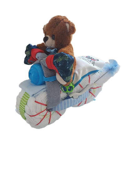 Bespoke Teddy Bear Motorbike Diaper Cake handmade by Bumpp2Babyy / baby gift / baby boy gift / baby shower gift