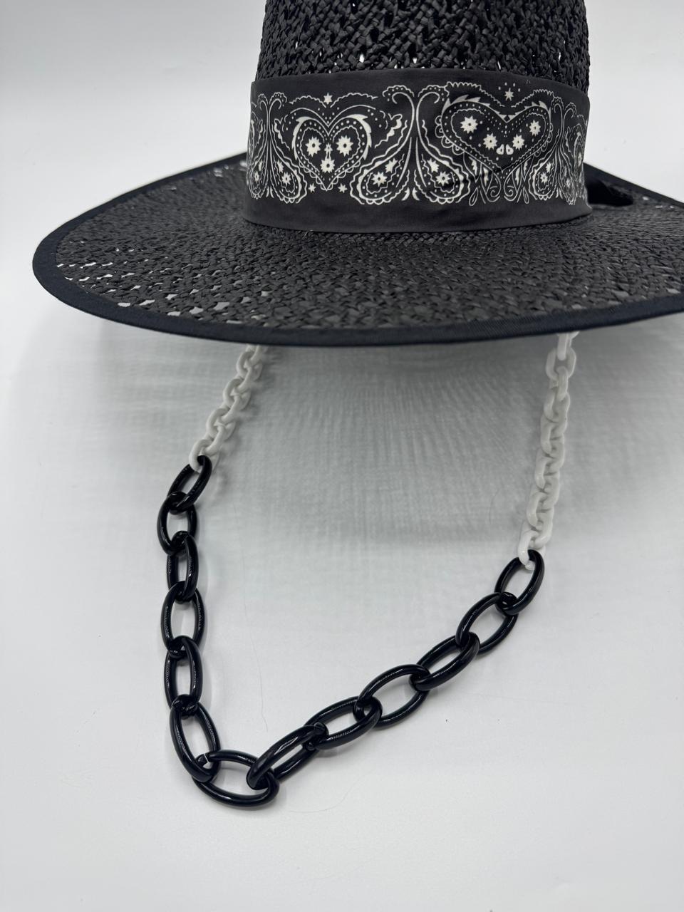 Luxury black straw hat with removal black and white chain