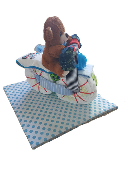 Bespoke Teddy Bear Motorbike Diaper Cake handmade by Bumpp2Babyy / baby gift / baby boy gift / baby shower gift