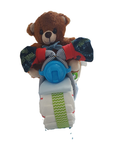 Bespoke Teddy Bear Motorbike Diaper Cake handmade by Bumpp2Babyy / baby gift / baby boy gift / baby shower gift