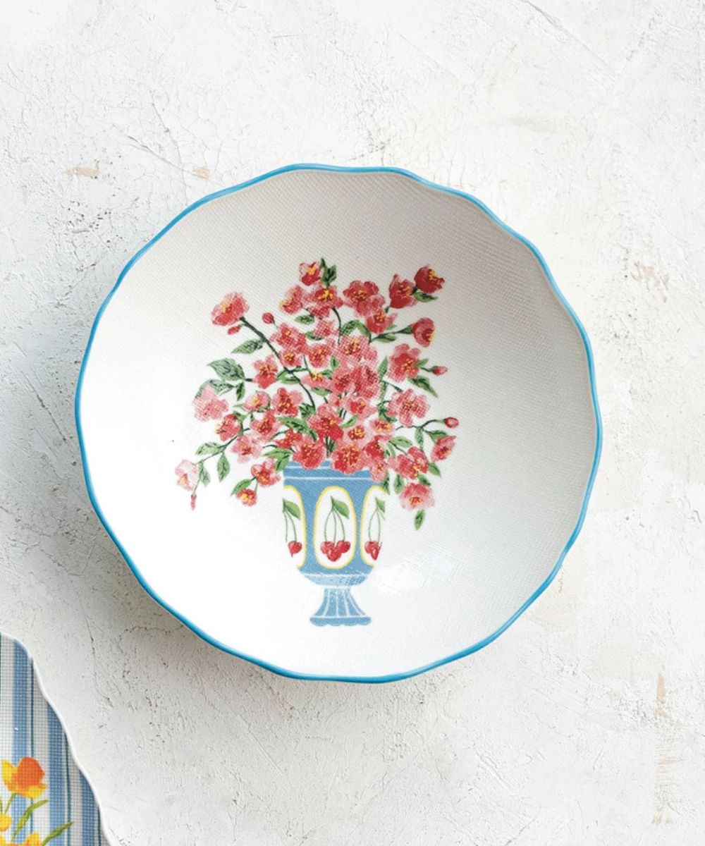 Vintage Decorative Bowl with Flowers & stitch-texture