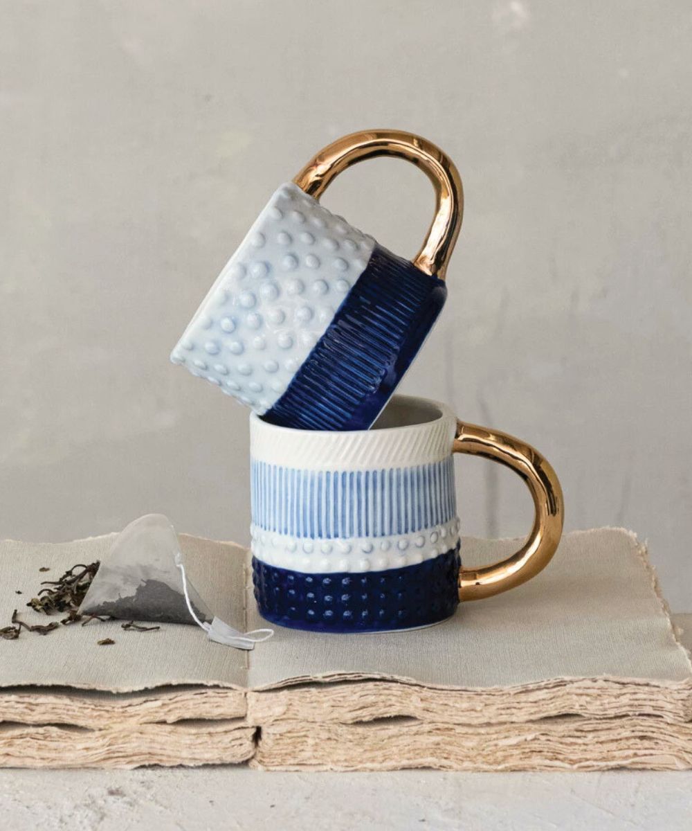 Shoreline Embossed Stoneware Mugs with Gold Handle