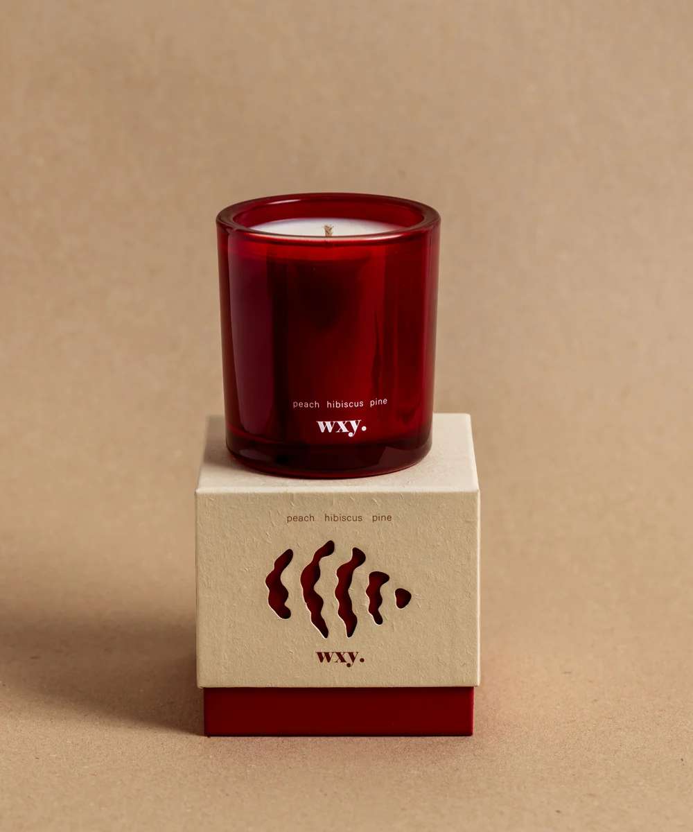 Wxy. Roam Peach. Hibiscus. Pine. Glass Candle