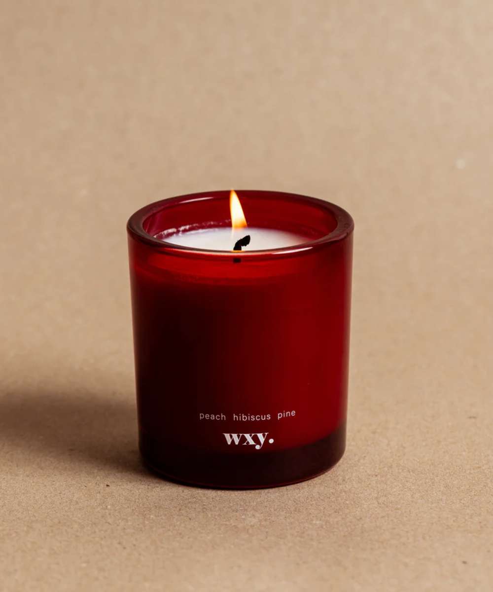 Wxy. Roam Peach. Hibiscus. Pine. Glass Candle