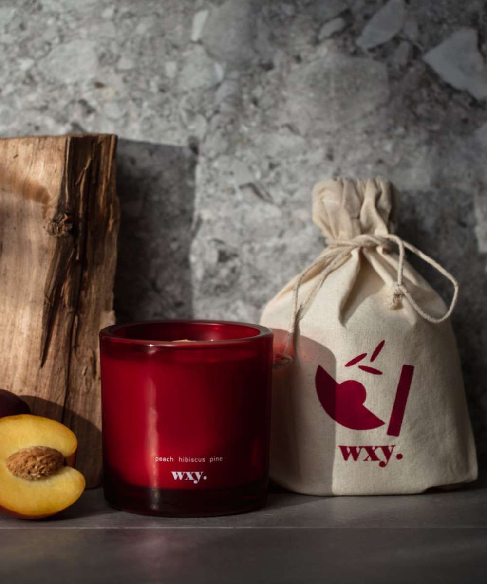 Wxy. Roam Peach. Hibiscus. Pine. Candle with Pouch