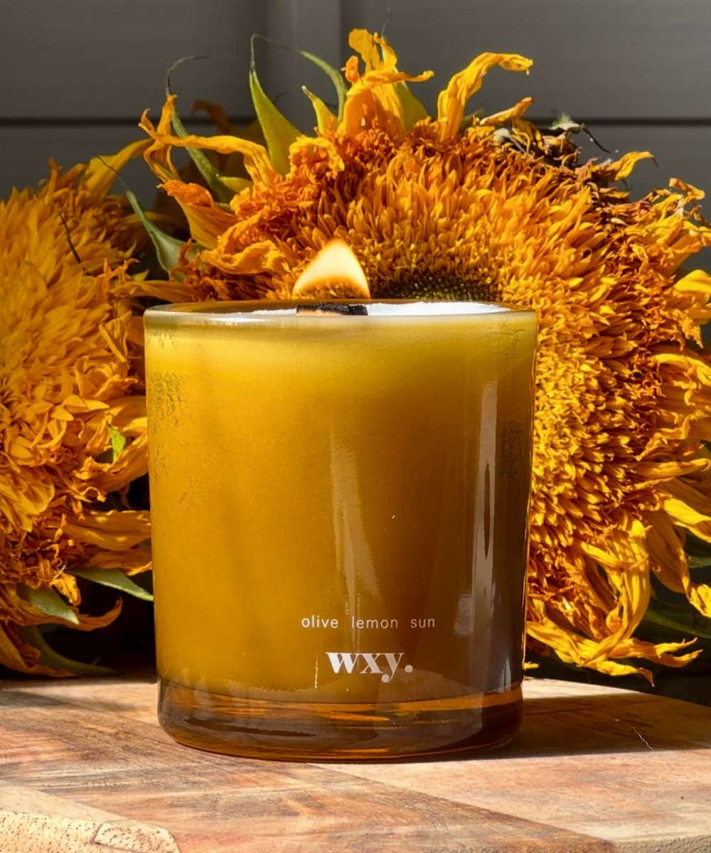 Wxy. Roam Olive. Lemon. Sun. Candle with Pouch