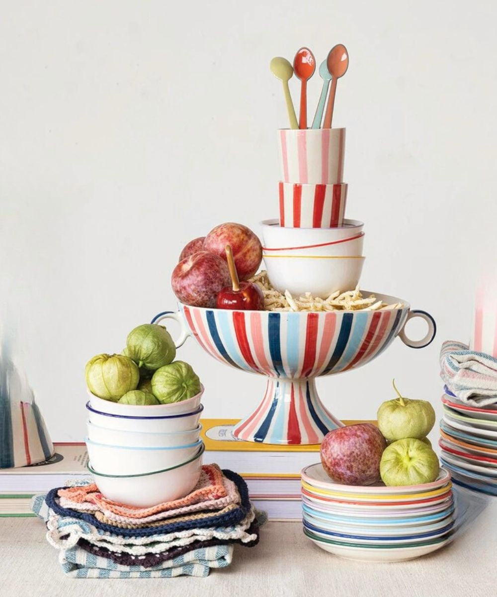 Decorative Hand-Painted Bowl with Stripes & Handles