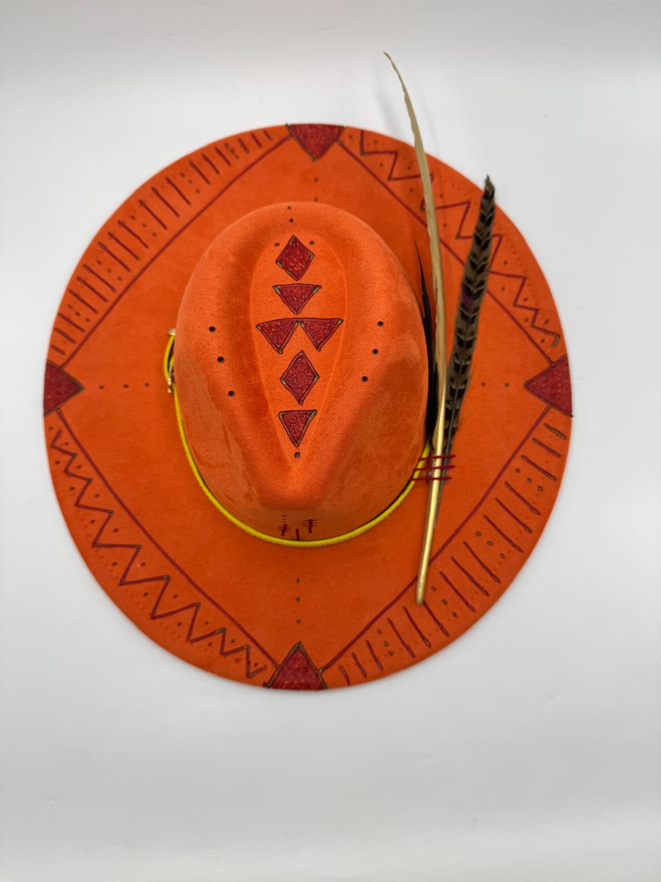 Orange wide brim fedora with golden feather