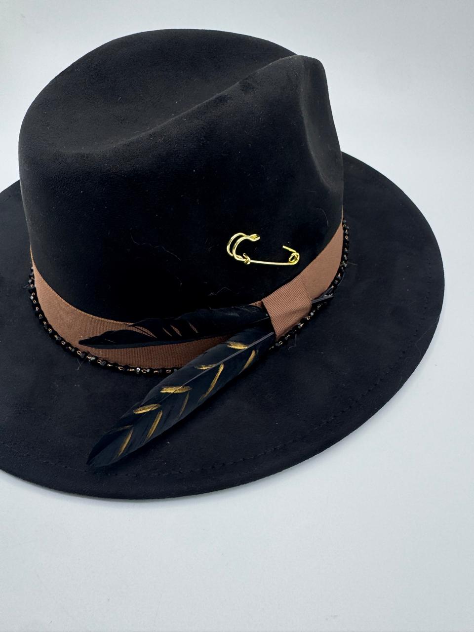 Suede fedora with gold feathers