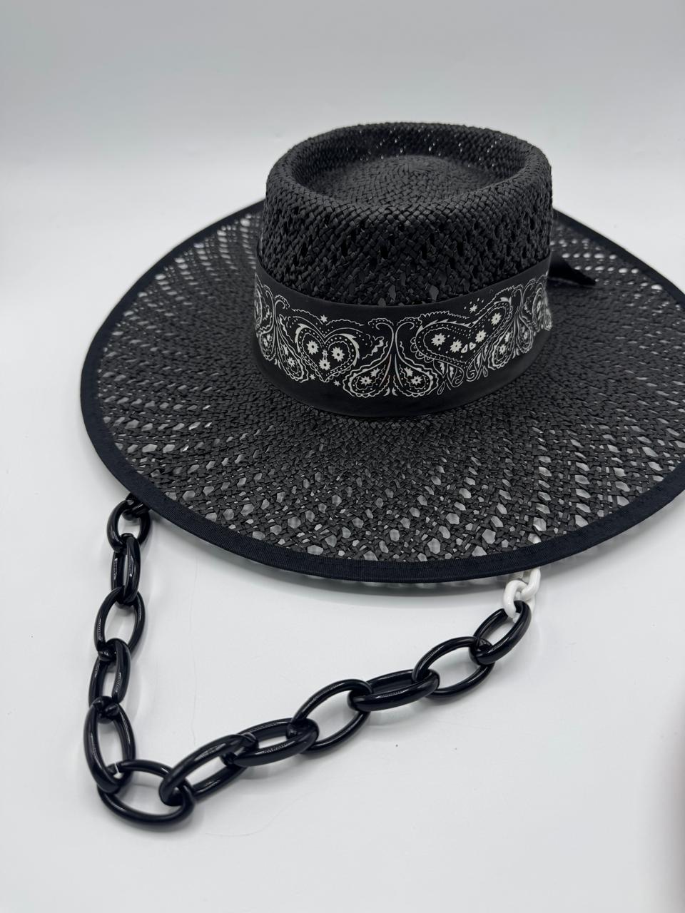 Luxury black straw hat with removal black and white chain