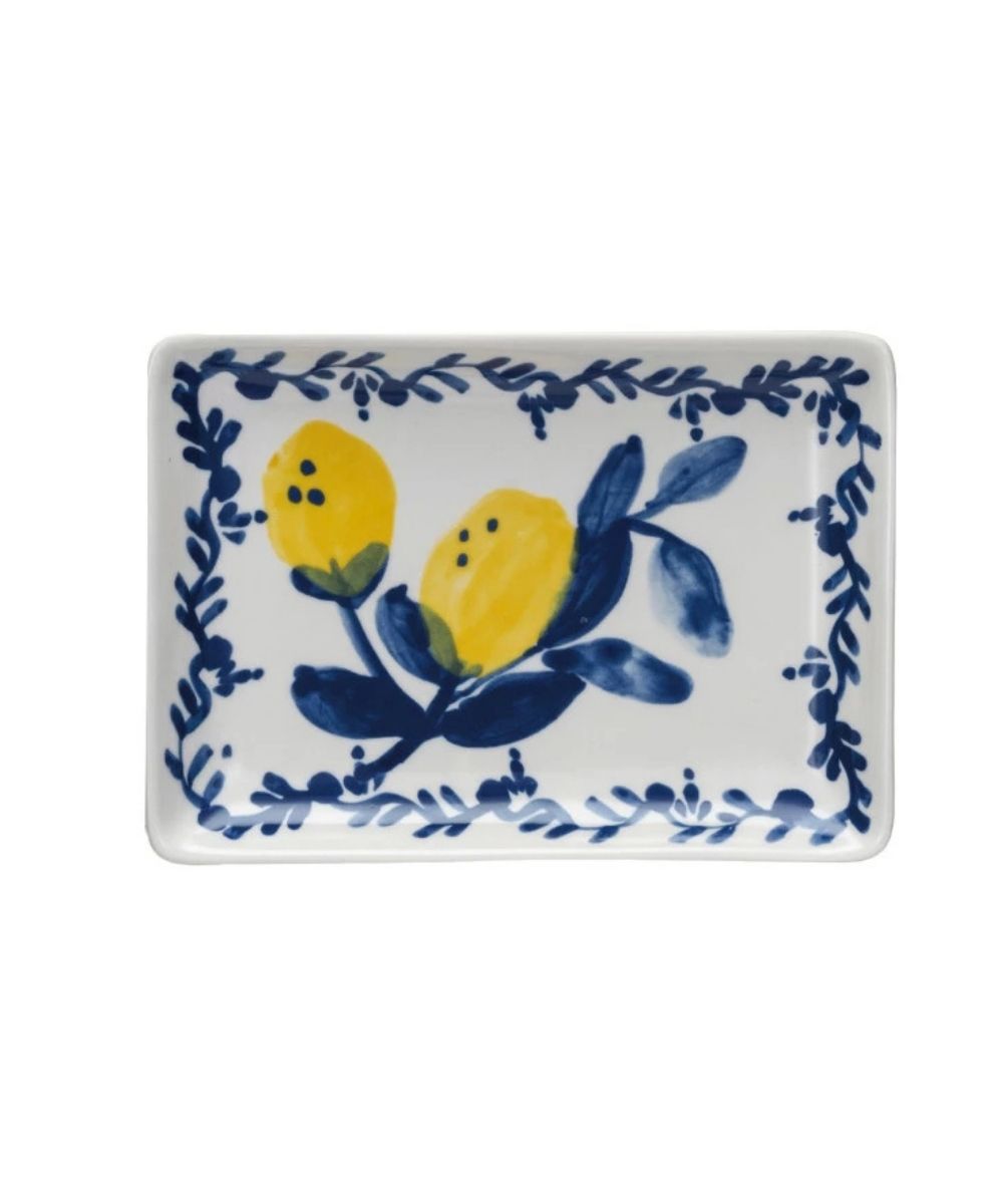 Hand-Painted Stoneware Dish with Lemons