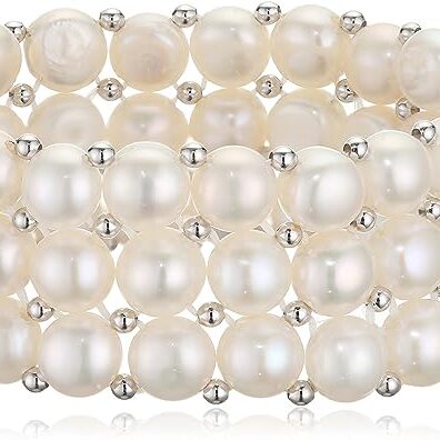 Elements Silver B3204W Ladies' Three Strand Small Pearl Stretch Sterling Silver Bracelet