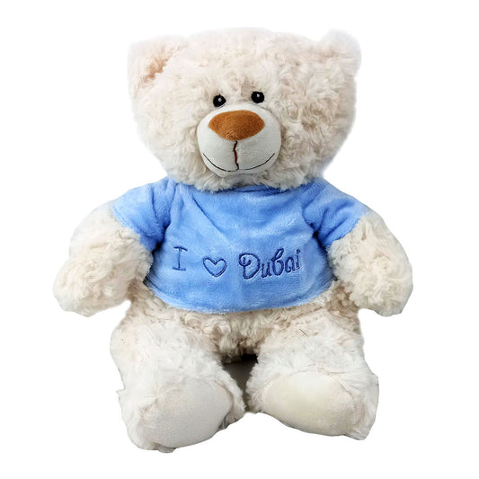 Cream Bear with trendy Blue Velour Hoodie "I Heart Dubai" Size 38cm - Embroidered