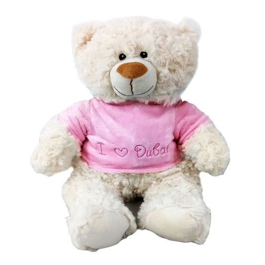 Cream Bear with trendy Pink Velour Hoodie "I Heart Dubai" Size 38cm - Embroidered