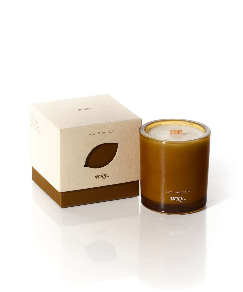 Wxy. Roam  Olive. Lemon. Sun. Glass Candle