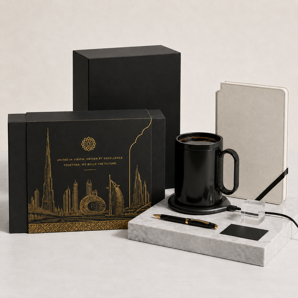 Branded premium black and gold gift set for corporate gifting in UAE