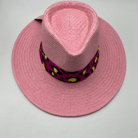 Natural straw pink fedora with fuchsia scarf