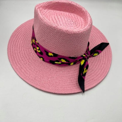 Natural straw pink fedora with fuchsia scarf