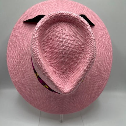 Natural straw pink fedora with fuchsia scarf