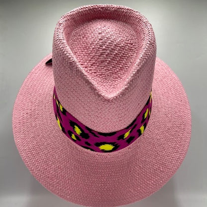 Natural straw pink fedora with fuchsia scarf