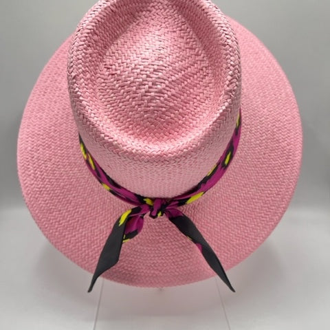 Natural straw pink fedora with fuchsia scarf