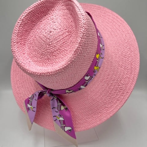 Natural pink straw fedora with pink  scarf