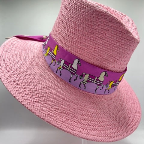 Natural pink straw fedora with pink  scarf