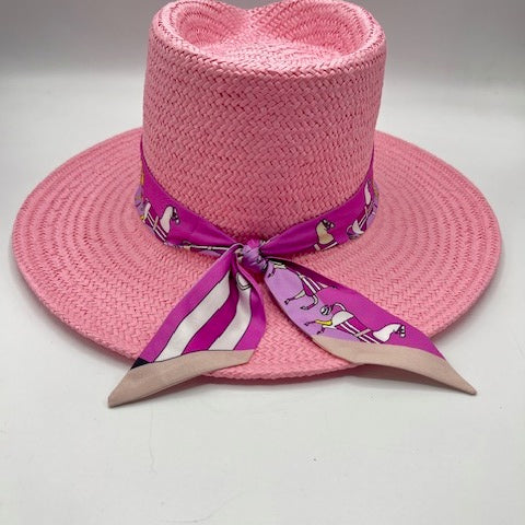 Natural pink straw fedora with pink  scarf