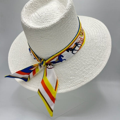 White natural straw fedora with yellow and blue scarf details