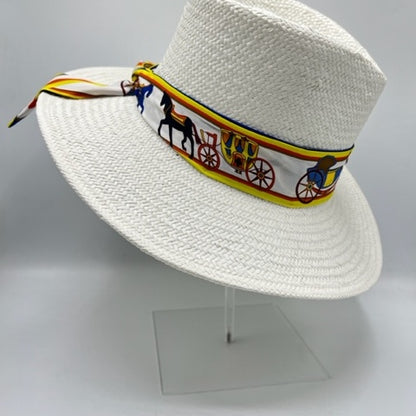 White natural straw fedora with yellow and blue scarf details