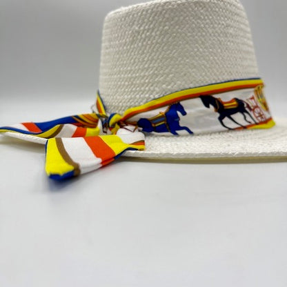 White natural straw fedora with yellow and blue scarf details