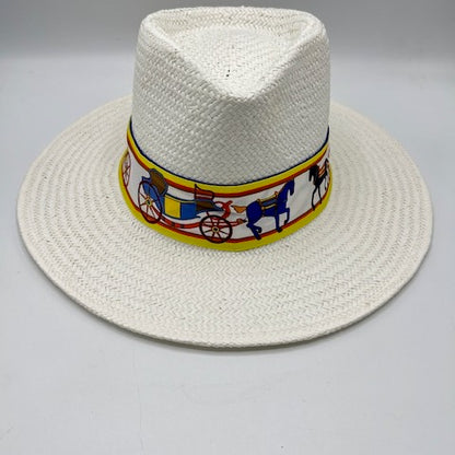 White natural straw fedora with yellow and blue scarf details