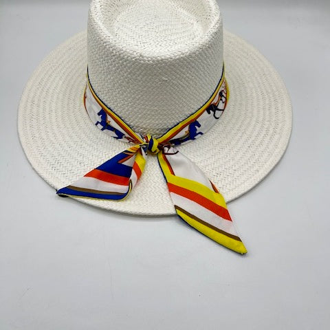 White natural straw fedora with yellow and blue scarf details