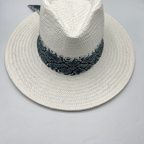 Natural straw white fedora with black and white scarf