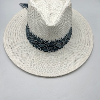 Natural straw white fedora with black and white scarf