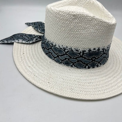 Natural straw white fedora with black and white scarf