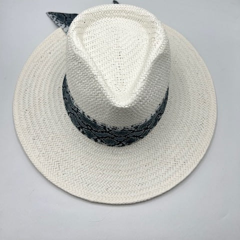 Natural straw white fedora with black and white scarf